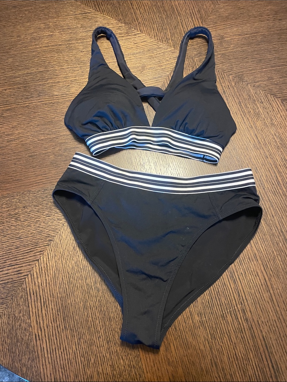 Athleta Black Two-Piece Bikini with White Striped Band